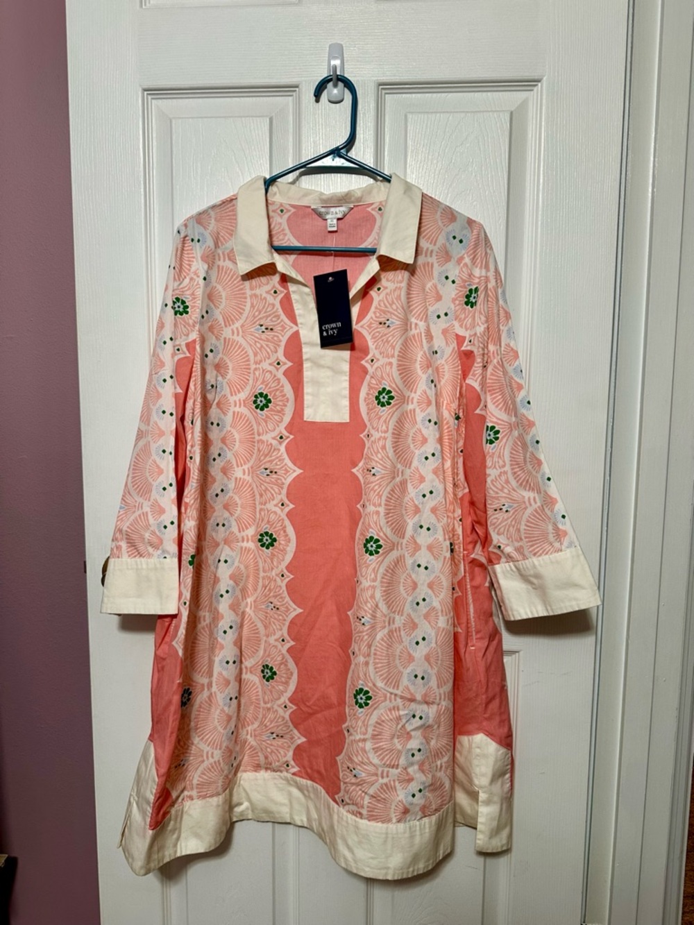 Crown & Ivy XL NWT Printed Popover Dress in Peach & Cream